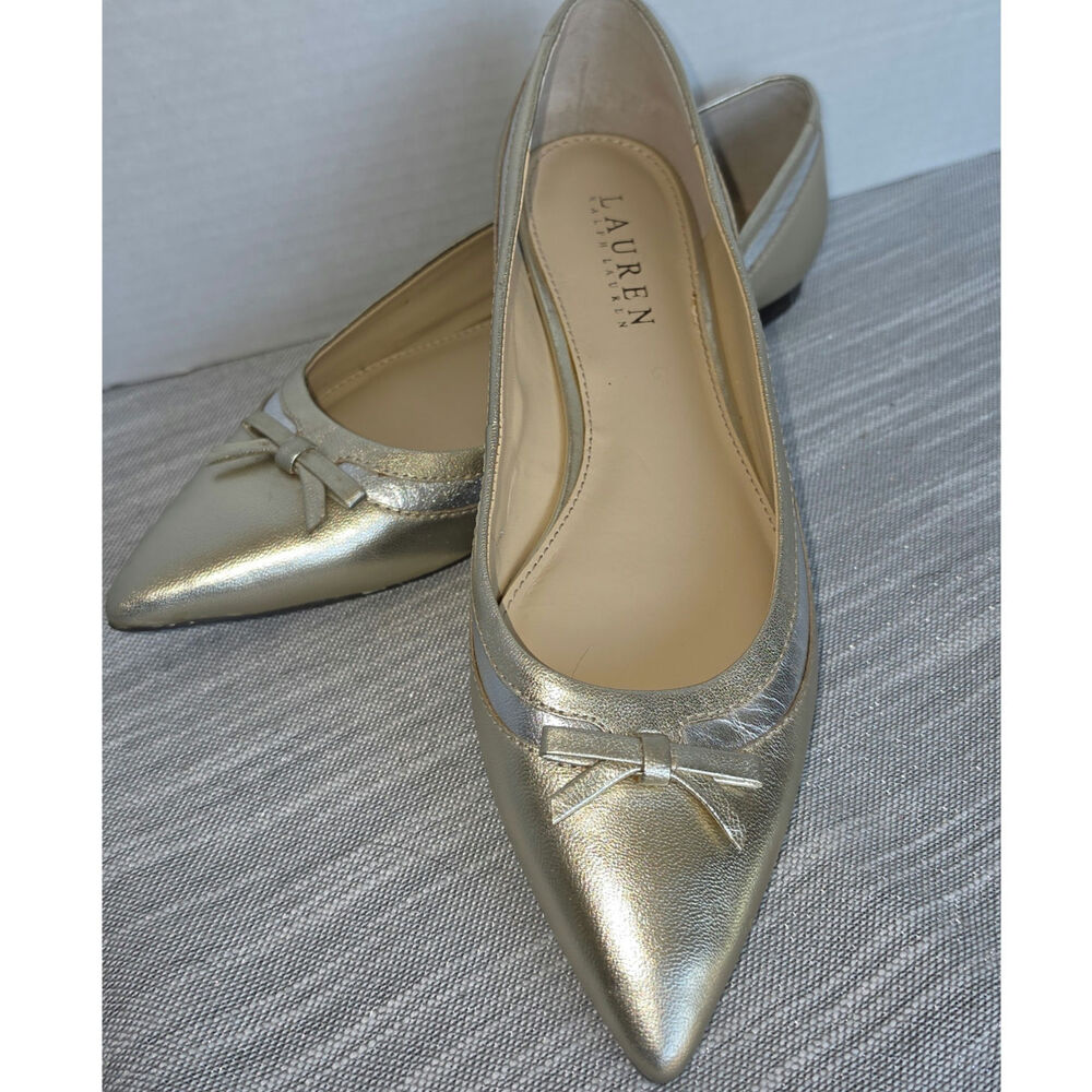 Lauren Ralph Lauren "Sally" Gold Pointed-toe Leather Ballet Flats Silver Trim